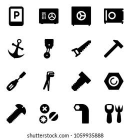 Solid vector icon set - parking sign vector, safe, anchor, piston, saw, hammer, chisel, plumber, bolt, nut, screw, rivet, allen key, shovel fork toy