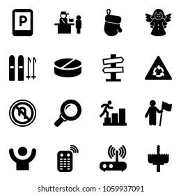 Solid vector icon set - parking sign vector, passport control, christmas glove, angel, ski, pill, road signpost, round motion, no turn back, magnifier, career, win, success, remote, wi fi router