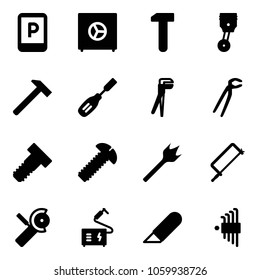 Solid vector icon set - parking sign vector, safe, work, piston, hammer, chisel, plumber, bolt, screw, wood drill, metal hacksaw, Angular grinder, welding, knife, allen key set