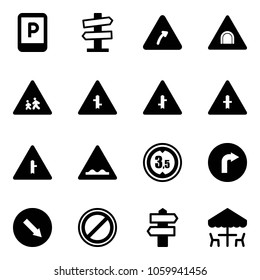 Solid vector icon set - parking sign vector, road signpost, turn right, tunnel, children, intersection, rough, limited height, only, detour, no, outdoor cafe