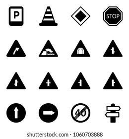 Solid vector icon set - parking sign vector, road cone, main, stop, turn right, embankment, tunnel, intersection, only forward, end speed limit, signpost