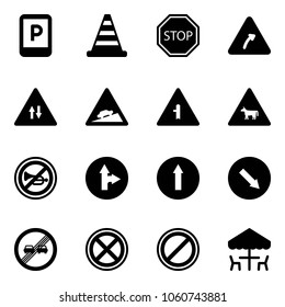 Solid vector icon set - parking sign vector, road cone, stop, turn right, oncoming traffic, climb, intersection, cow, no horn, only forward, detour, end overtake limit, outdoor cafe
