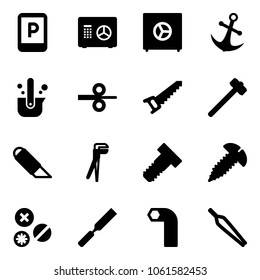 Solid vector icon set - parking sign vector, safe, anchor, casting of steel, rolling, saw, sledgehammer, work knife, plumber, bolt, screw, rivet, rasp, allen key, forceps