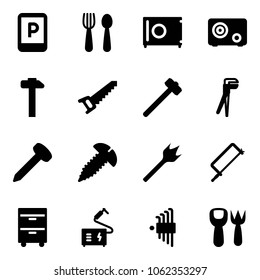 Solid vector icon set - parking sign vector, spoon and fork, safe, hammer, saw, sledgehammer, plumber, nail, screw, wood drill, metal hacksaw, tool cabinet, welding, allen key set, shovel toy