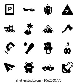 Solid vector icon set - parking sign vector, small plane, sweet pepper, airport road, pool, palm, tent, axe, clamp, baseball bat, bear toy, yoyo, paper, monster, car, soother
