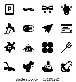 Solid vector icon set - parking sign vector, small plane, bow, christmas deer hat, banana, euro dollar, paper, schedule, sea turtle, tent, atom core, farm fork, lawn mower, dinosaur toy, boat
