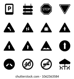 Solid vector icon set - parking sign vector, post, stop road, giving way, turn left, oncoming traffic, tunnel, intersection, rough, only forward, detour, end speed limit, overtake, outdoor cafe