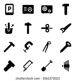 Solid vector icon set - parking sign vector, safe, work, casting of steel, hammer, rolling, saw, clamp, plumber, screw, bolt, metal hacksaw, shovel, allen key set