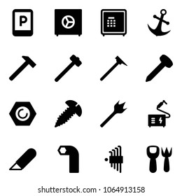 Solid vector icon set - parking sign vector, safe, anchor, hammer, sledgehammer, mason, nail, nut, screw, wood drill, welding, work knife, allen key, set, shovel fork toy