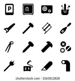 Solid vector icon set - parking sign vector, safe, casting of steel, saw, sledgehammer, bucksaw, chisel, plumber, nail, screw, rivet, wood drill, welding, work knife, allen key