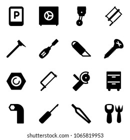 Solid vector icon set - parking sign vector, safe, piston, bucksaw, mason hammer, chisel, work knife, screw, nut, metal hacksaw, Angular grinder, tool cabinet, allen key, awl, forceps