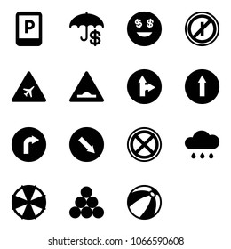 Solid vector icon set - parking sign vector, insurance, dollar smile, no parkin odd, airport road, artificial unevenness, only forward right, detour, stop, rain cloud, parasol, billiards balls