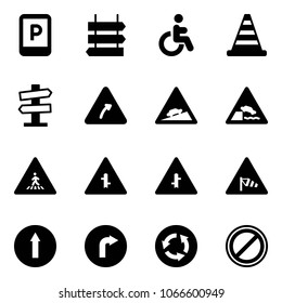 Solid vector icon set - parking sign vector, post, disabled, road cone, signpost, turn right, climb, embankment, pedestrian, intersection, side wind, only forward, circle, no