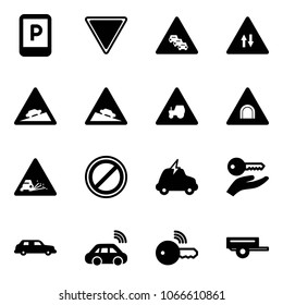 Solid vector icon set - parking sign vector, giving way road, multi lane traffic, oncoming, climb, steep descent, tractor, tunnel, gravel, no, electric car, key hand, limousine, wireless, trailer