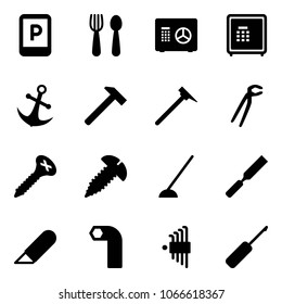 Solid vector icon set - parking sign vector, spoon and fork, safe, anchor, hammer, mason, plumber, screw, hoe, rasp, work knife, allen key, set, awl