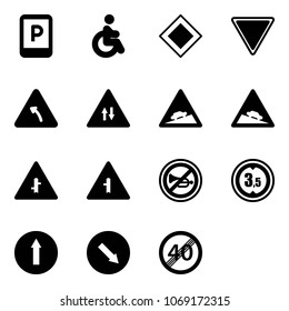 Solid vector icon set - parking sign vector, disabled, main road, giving way, turn left, oncoming traffic, climb, steep descent, intersection, no horn, limited height, only forward, detour