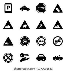 Solid vector icon set - parking sign vector, safety car, stop road, multi lane traffic, steep descent, tractor way, slippery, roadside, gravel, no, overtake, end limit, key hand, toy
