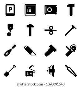 Solid vector icon set - parking sign vector, safe, work, piston, hammer, steel rolling, mason, chisel, knife, bolt, Angular grinder, shovel, welding, allen key set, forceps