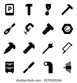 Solid vector icon set - parking sign vector, work, piston, hammer, chisel, clamp, bolt, nut, screw, wood drill, metal hacksaw, tool cabinet, rasp, allen key, set