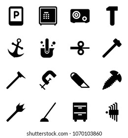 Solid vector icon set - parking sign vector, safe, work, anchor, casting of steel, rolling, sledgehammer, mason hammer, clamp, knife, screw, wood drill, hoe, tool cabinet, allen key set