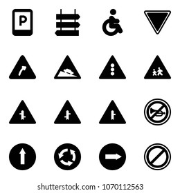 Solid vector icon set - parking sign vector, post, disabled, giving way road, turn right, steep descent, traffic light, children, intersection, no horn, only forward, circle