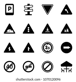 Solid vector icon set - parking sign vector, road signpost, giving way, turn left, climb, traffic light, pedestrian, children, intersection, limited height, only right, end speed limit, overtake, no