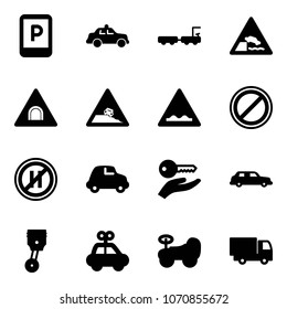 Solid vector icon set - parking sign vector, safety car, baggage truck, embankment road, tunnel, steep roadside, rough, no, even, key hand, limousine, piston, toy, baby