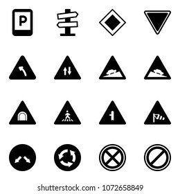 Solid vector icon set - parking sign vector, road signpost, main, giving way, turn left, oncoming traffic, climb, steep descent, tunnel, pedestrian, intersection, side wind, detour, circle, no stop