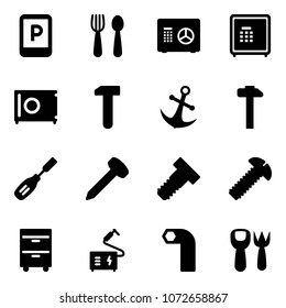 Solid vector icon set - parking sign vector, spoon and fork, safe, work, anchor, hammer, chisel, nail, bolt, screw, tool cabinet, welding, allen key, shovel toy