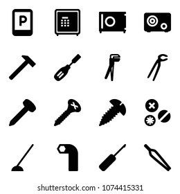 Solid vector icon set - parking sign vector, safe, hammer, chisel, plumber, nail, screw, rivet, hoe, allen key, awl, forceps