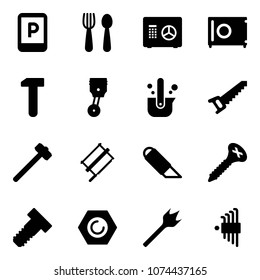 Solid vector icon set - parking sign vector, spoon and fork, safe, work, piston, casting of steel, saw, sledgehammer, bucksaw, knife, screw, bolt, nut, wood drill, allen key set