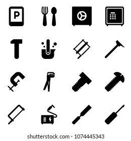 Solid vector icon set - parking sign vector, spoon and fork, safe, work, casting of steel, bucksaw, mason hammer, clamp, plumber, bolt, screw, metal hacksaw, welding, rasp, awl