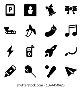 Solid vector icon set - parking sign vector, male wc, bell, bow, sleigh, banana, eggplant, music, lightning, player, rocket, sickle, marker, horse stick toy, baseball bat, paper plane