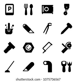 Solid vector icon set - parking sign vector, spoon and fork, safe, piston, casting of steel, work knife, plumber, nail, bolt, nut, metal hacksaw, Angular grinder, hoe, allen key, shovel toy