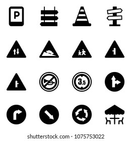Solid vector icon set - parking sign vector, post, road cone, signpost, oncoming traffic, steep descent, children, intersection, no horn, limited height, only forward right, detour, circle