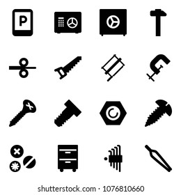 Solid vector icon set - parking sign vector, safe, hammer, steel rolling, saw, bucksaw, clamp, screw, bolt, nut, rivet, tool cabinet, allen key set, forceps