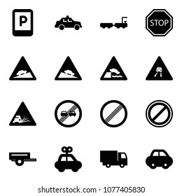 Solid vector icon set - parking sign vector, safety car, baggage truck, stop road, climb, steep descent, embankment, slippery, gravel, end overtake limit, no, trailer, toy