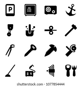 Solid vector icon set - parking sign vector, safe, anchor, piston, casting of steel, rolling, sledgehammer, plumber, screw, Angular grinder, hoe, welding, allen key set, shovel fork toy