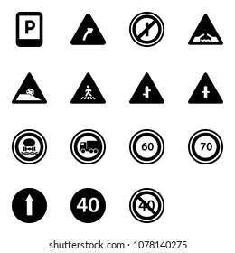 Solid vector icon set - parking sign vector, turn right road, no parkin odd, drawbridge, steep roadside, pedestrian, intersection, dangerous cargo, truck, speed limit 60, 70, only forward, minimal