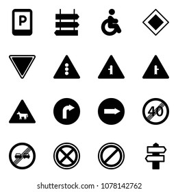 Solid vector icon set - parking sign vector, post, disabled, main road, giving way, traffic light, intersection, cow, only right, end speed limit, overtake, no stop, signpost