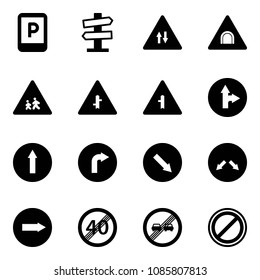 Solid vector icon set - parking sign vector, road signpost, oncoming traffic, tunnel, children, intersection, only forward right, detour, end speed limit, overtake, no