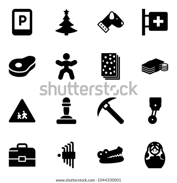 Solid vector icon set - parking sign vector,\
christmas tree, dog, first aid room, meat, gymnastics, breads,\
cash, children road, pawn, rock axe, piston, case, allen key set,\
crocodile, russian doll