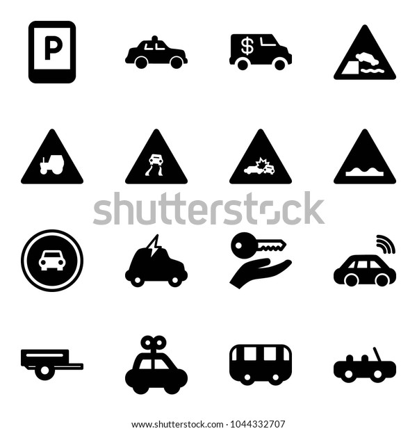 Solid vector icon\
set - parking sign vector, safety car, encashment, embankment road,\
tractor way, slippery, crash, rough, no, electric, key hand,\
wireless, trailer, toy,\
bus