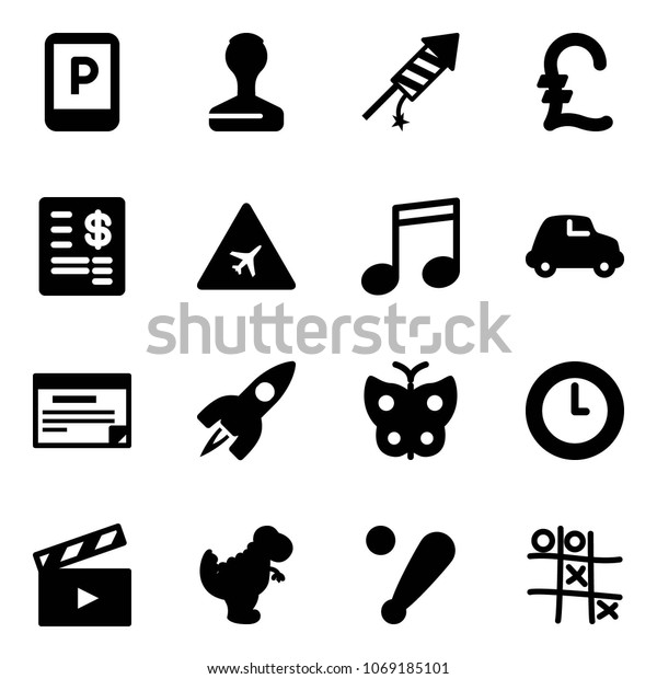 Solid vector icon set - parking sign vector, stamp,\
firework rocket, pound, account statement, airport road, music,\
car, schedule, butterfly, clock, movie flap, dinosaur toy, baseball\
bat