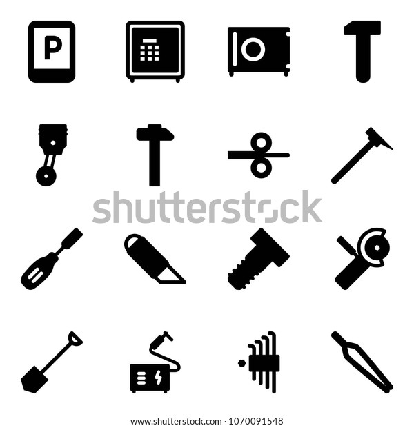 Solid vector icon set -\
parking sign vector, safe, work, piston, hammer, steel rolling,\
mason, chisel, knife, bolt, Angular grinder, shovel, welding, allen\
key set, forceps