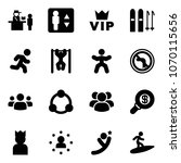 Solid vector icon set - passport control vector, elevator, vip, ski, run, pull ups, gymnastics, no left turn road sign, group, community, search money, king, star man, flying, surfing