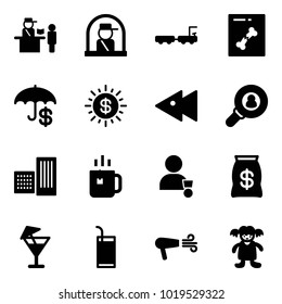 Solid vector icon set - passport control vector, officer window, baggage truck, x ray, dollar sun, fast backward, head hunter, building, green tea, winner, money bag, drink, dryer, doll