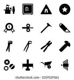 Solid vector icon set - passport control vector, safe, Road narrows sign, star medal, gold, steel rolling, mason hammer, work knife, plumber, bolt cutter, screw, rivet, milling, wheelbarrow