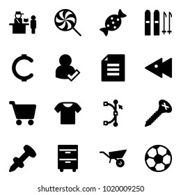 Solid vector icon set - passport control vector, lollipop, candy, ski, cent, user check, document, fast backward, cart, t shirt, bezier, screw, nail dowel, tool cabinet, wheelbarrow, soccer ball