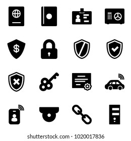 Solid vector icon set - passport vector, identity, safe, locked, shield, check, cross, key, certificate, car wireless, card, surveillance camera, link, server